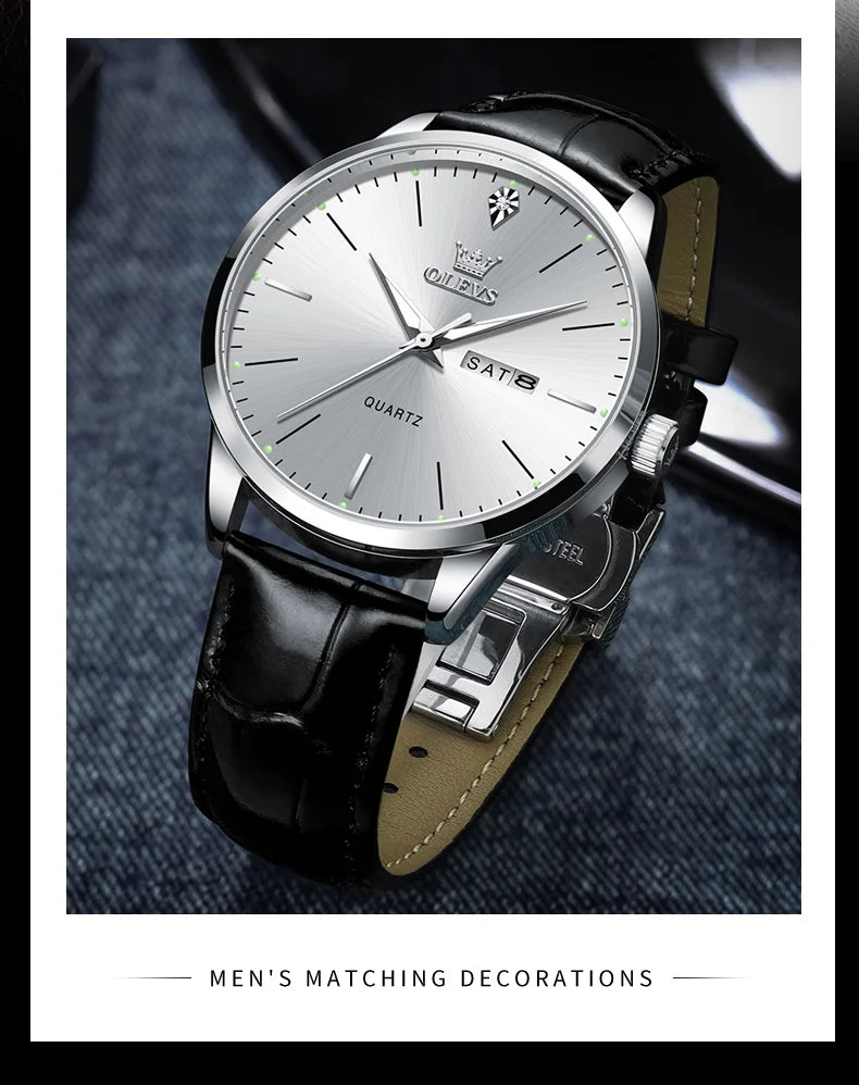 OLEVS 2935 Men Watch Luxury Brand Quartz Watch Business Leather Strap Double Calendar Waterproof Men's Watch Relogios Masculino