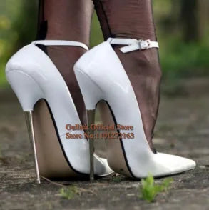 Sky High Metal Heels Red Metallic Leather Pumps Shoes Pointed Toe Ankle Strap Stiletto High Heels Wedding Party Pumps 16CM