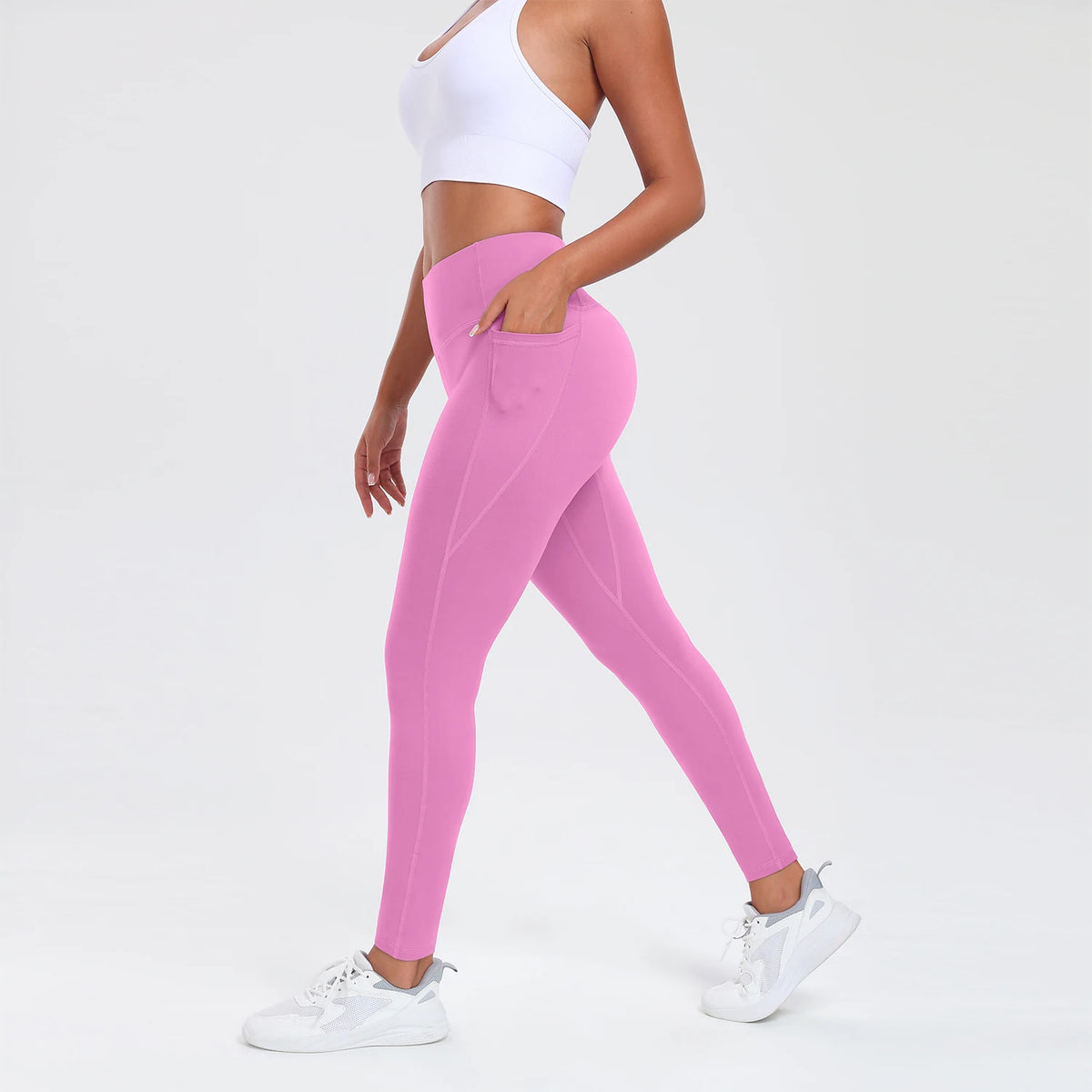  Women Leggings With Pockets Solid Color High Waist Butt Lifting Workout Tights Slim Elastic Pants Casual SportWear