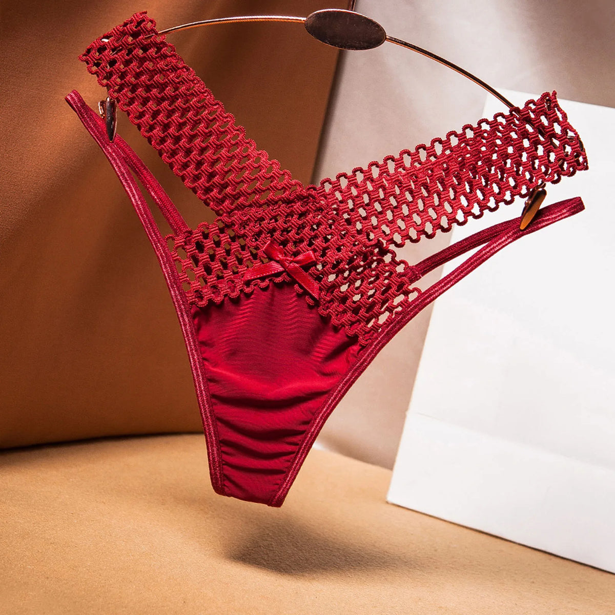 Fashion Low Waist Hollow Out Thongs French Style Bowknot Satin Silk Panties Solid Color Underwear Women Mesh Briefs Daily