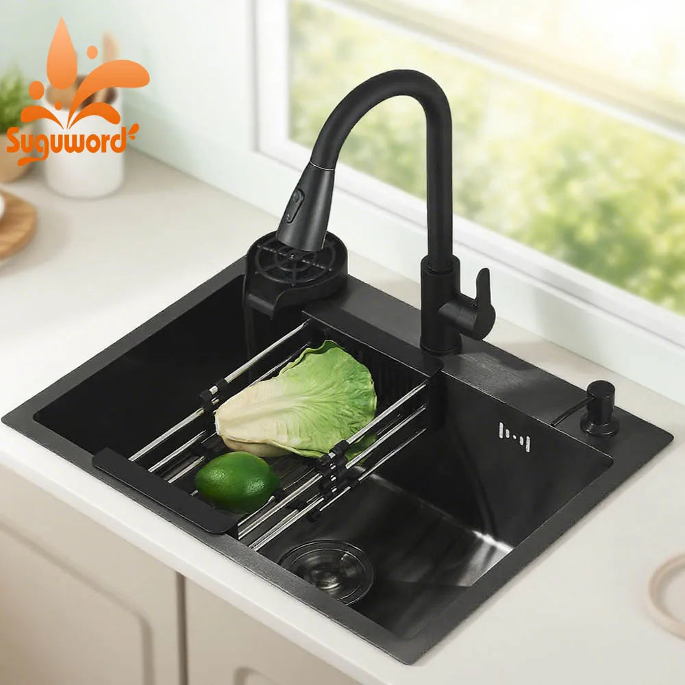 Matte Black 304 Stainless Steel kitchen Sinks Cold And Hot Water Mixer With Soap Dispenser And Cup Washer