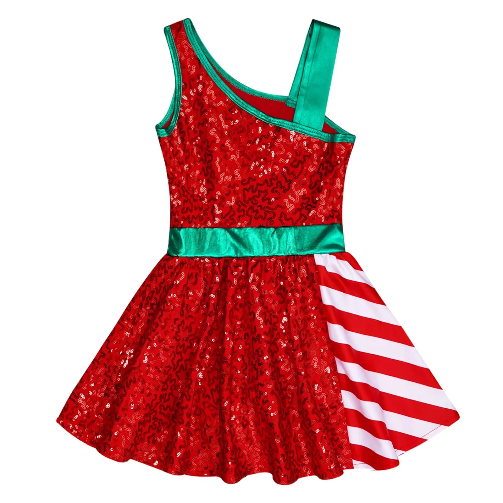 Kids Girls Sequins Christmas Dance Costume Candy Cane Striped Ballet Tutu Dance Dress Bowknot Leotard Party New Year Dancewear
