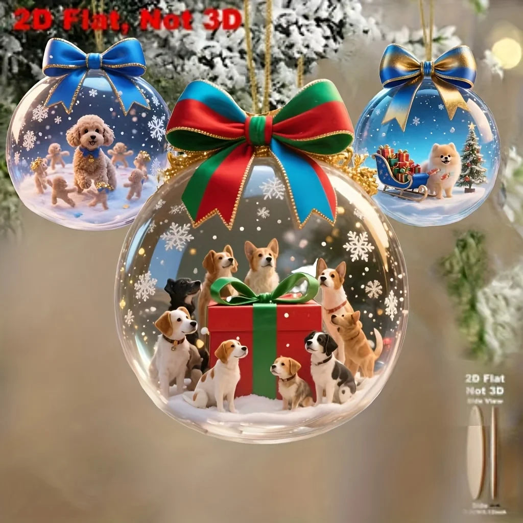 8Piece Set of Holiday Christmas Cute Dog 2D Wooden Pendant Ball Decoration for Home Window Office Classroom Yard and Party Decor