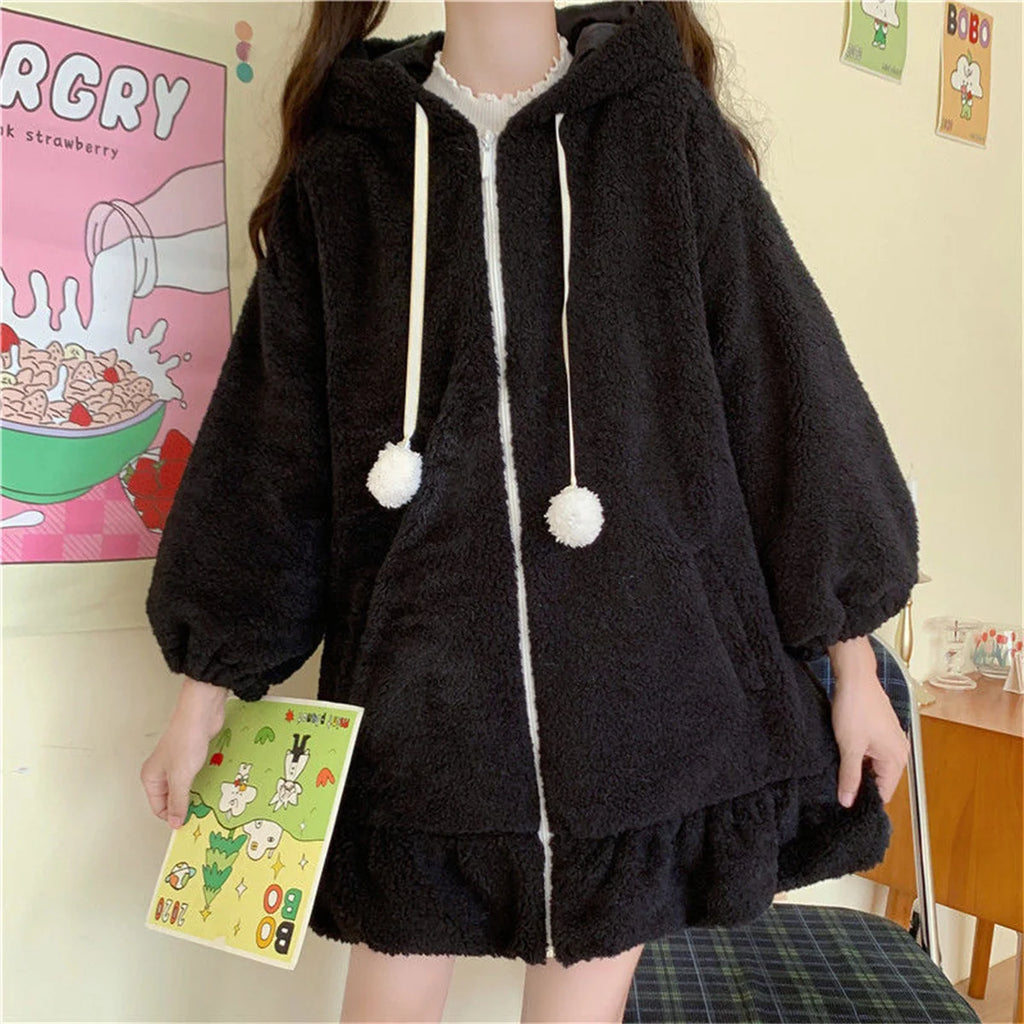 Winter Hoodies Warm Kawaii Rabbit Ears Women Sweatshirt Girl Lolita Hooded Zip-up Casual Sweatshirts Harajuku Hoodie Long Sleeve
