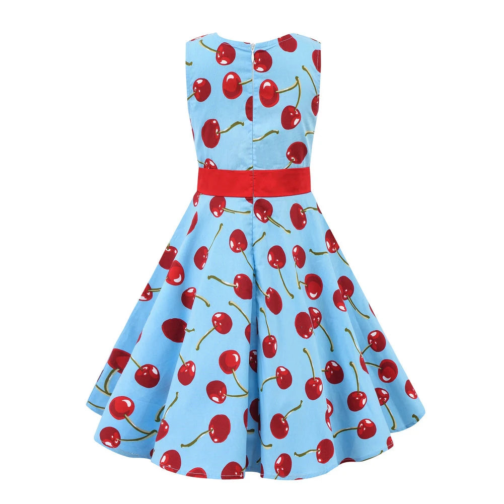 LPATTERN Girls' Vintage Rockabilly Dress Party Retro Polka Dot Floral Pattern A-line Dresses Pleated Skirt Knee-Length for 4-10Y