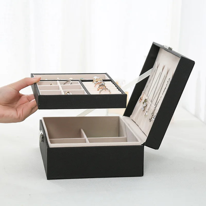 1 pcs PU leather jewelry box, double-layer wooden jewelry box, princess jewelry storage box, makeup box