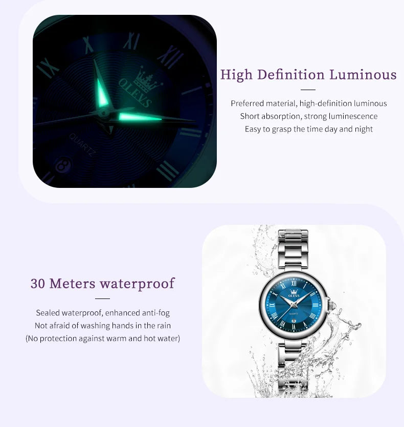 OLEVS 5608 Luxury Brand Women's Wristwatch Waterproof Stainless Steel Strap Luminous Date Quartz Watch for Ladies