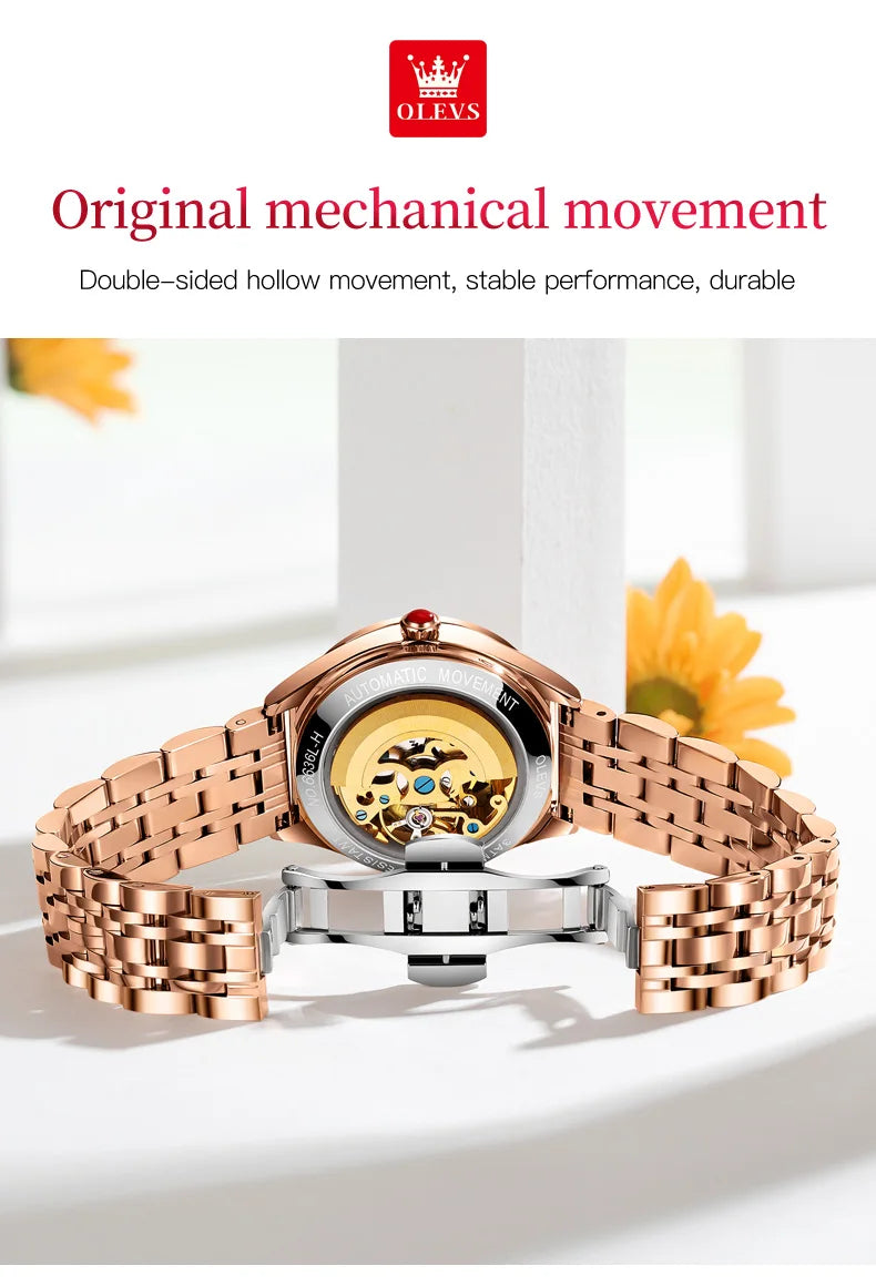 OLEVS Brand 2024 New Fashion Hollow Mechanical Watch for Women Luxury Stainless Steel Strap Waterproof Luminous Womens Watches