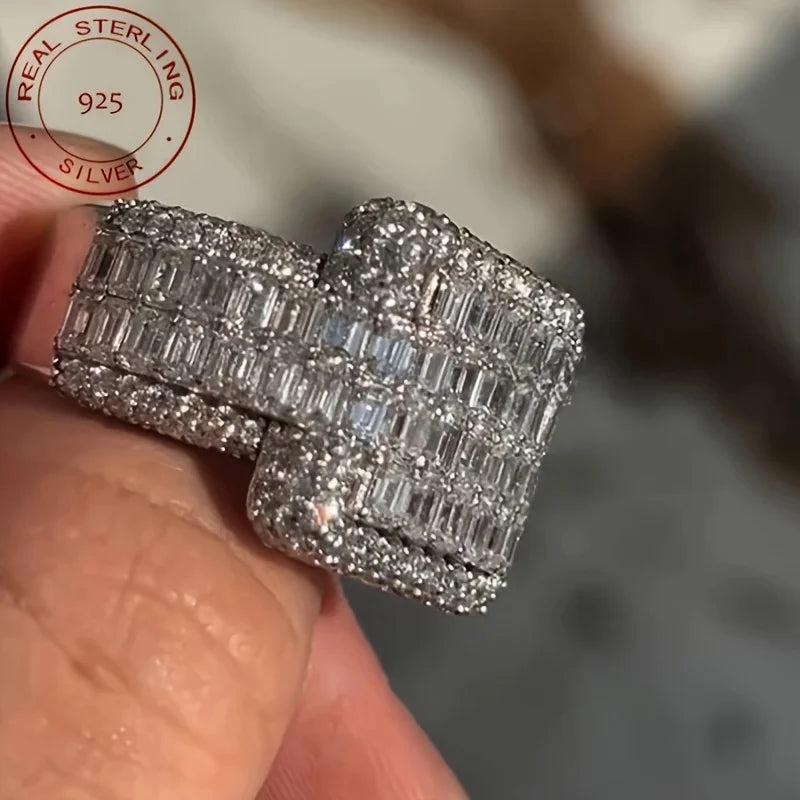 Luxury 925 Sterling Silver Ring Baguette Iced Out Fully Zircon Wedding Band Rings For Men Gift for Him