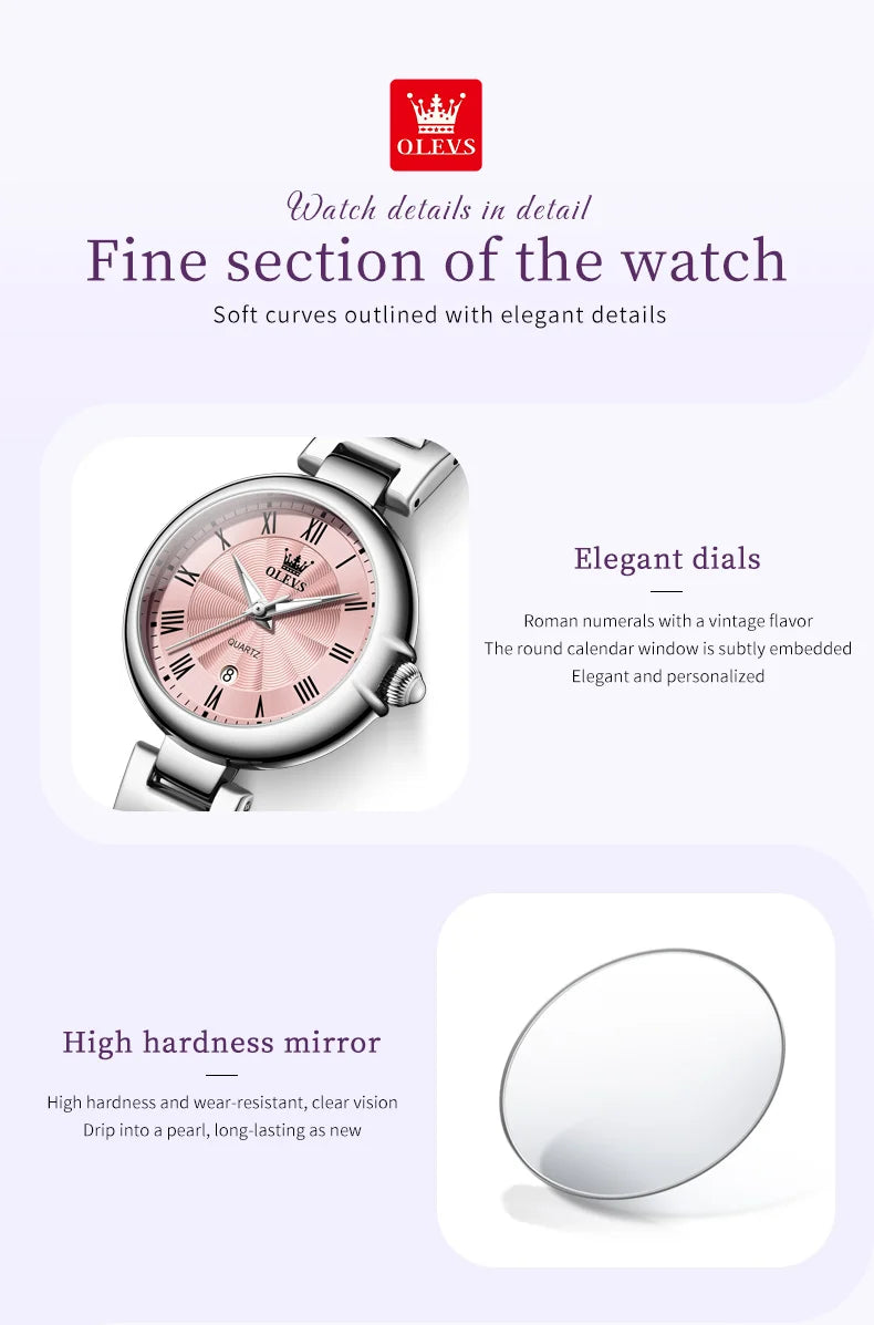 OLEVS 5608 Retro Style Quartz Watch for Women Elegant Steel Strap Auto Date Waterproof Luminous Luxury Ladies Wristwatch