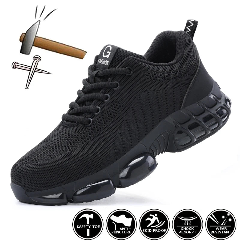 Safety Shoes Men Steel Toe Boots Anti-smash Anti-puncture Safety Work Shoes Men Lightweight Breathable Protective Shoes Black