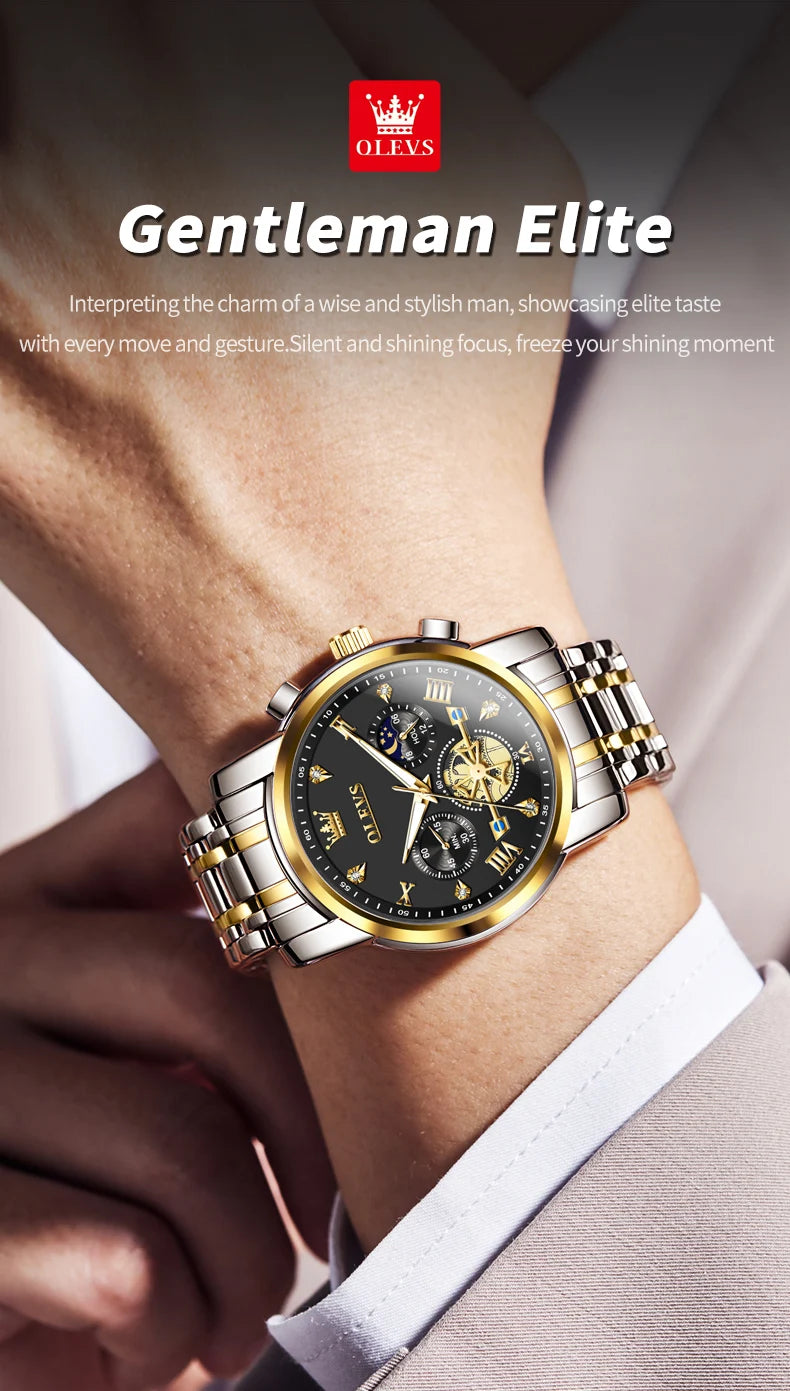 OLEVS Men's Watches Classic Multifunctional Flywheel Design Stainless steel Waterproof Moon Phase Men's Wristwatches 2024 Trend