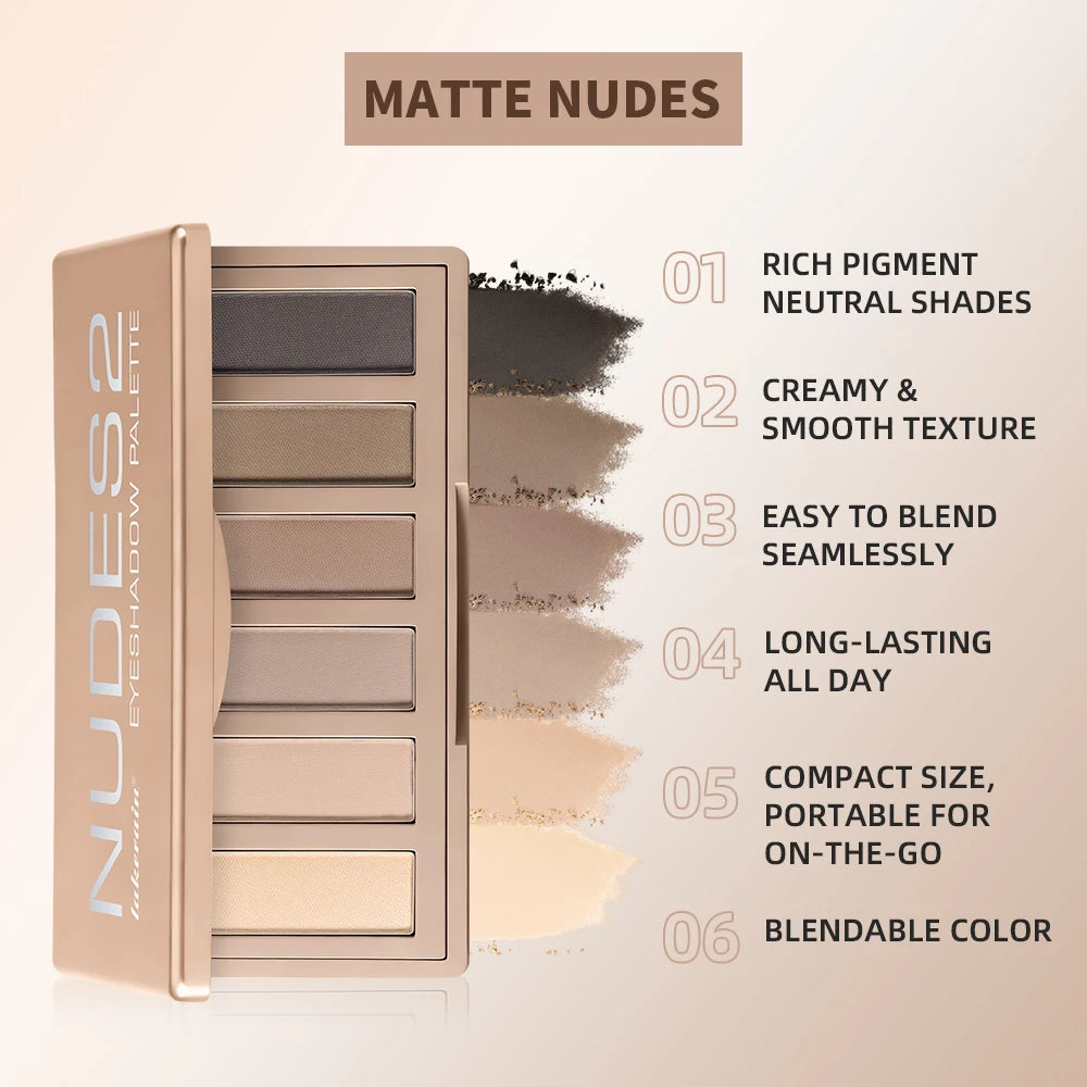 6 Colors Eyeshadow Palette Long-Lasting Rich Pigment Neutral Nude Tones Blendable Matte Shades Portable Daily Party Eye Makeup