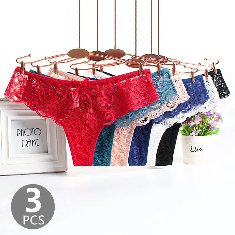 3Pcs/set Mesh Lace Transparent Thongs Women Panties Underwear Women Seamless G-String Female Underpants Intimates Lingerie