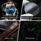 OLEVS 6898 Waterproof Sports Mens Wristwatches Luxury Shock-resistant Calendar Genuine Luminous Quartz Leather Watch for Men