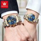 OLEVS Brand 2025 New Luxury Tourbillon Couple Quartz Watch Stainless Steel Waterproof Luminous Fashion Moon Phase Watches Lovers