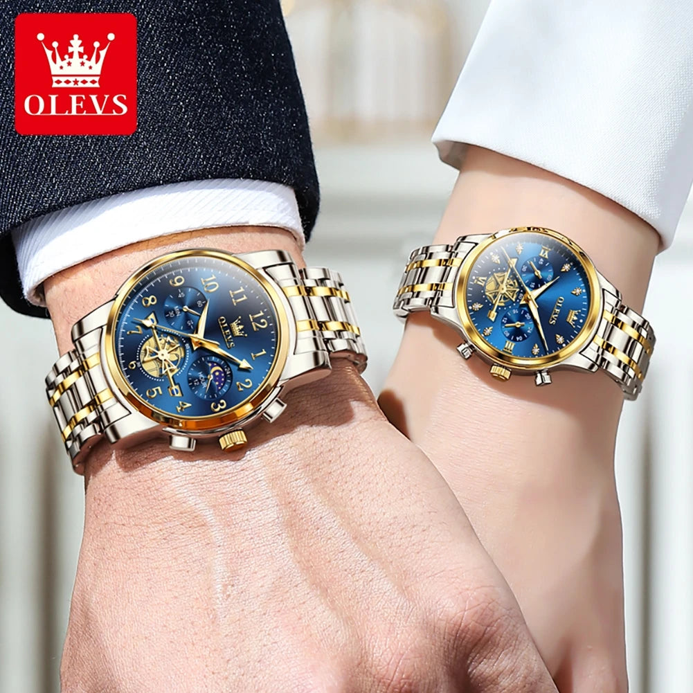 OLEVS Brand 2025 New Luxury Tourbillon Couple Quartz Watch Stainless Steel Waterproof Luminous Fashion Moon Phase Watches Lovers