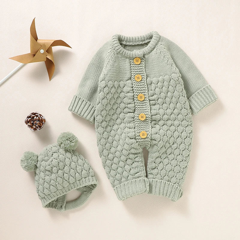 Baby Rompers Caps Clothes Sets Newborn Girl Boy Knitted Jumpsuits Outfits Autumn Winter Long Sleeve Toddler Infant Overalls 2pcs