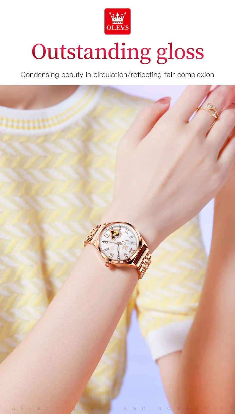 OLEVS Brand 2024 New Fashion Hollow Mechanical Watch for Women Luxury Stainless Steel Strap Waterproof Luminous Womens Watches