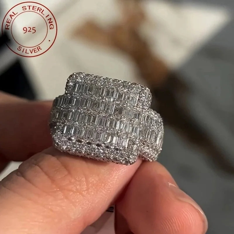 Luxury 925 Sterling Silver Ring Baguette Iced Out Fully Zircon Wedding Band Rings For Men Gift for Him