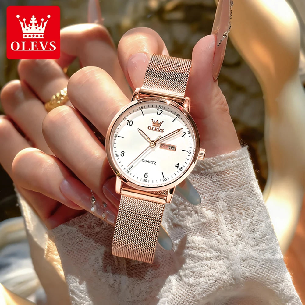 OLEVS Brand Original Fashion Slim Quartz Watch Women Elegant Watches Stainless Steel Waterproof Week Date Watches For Woman