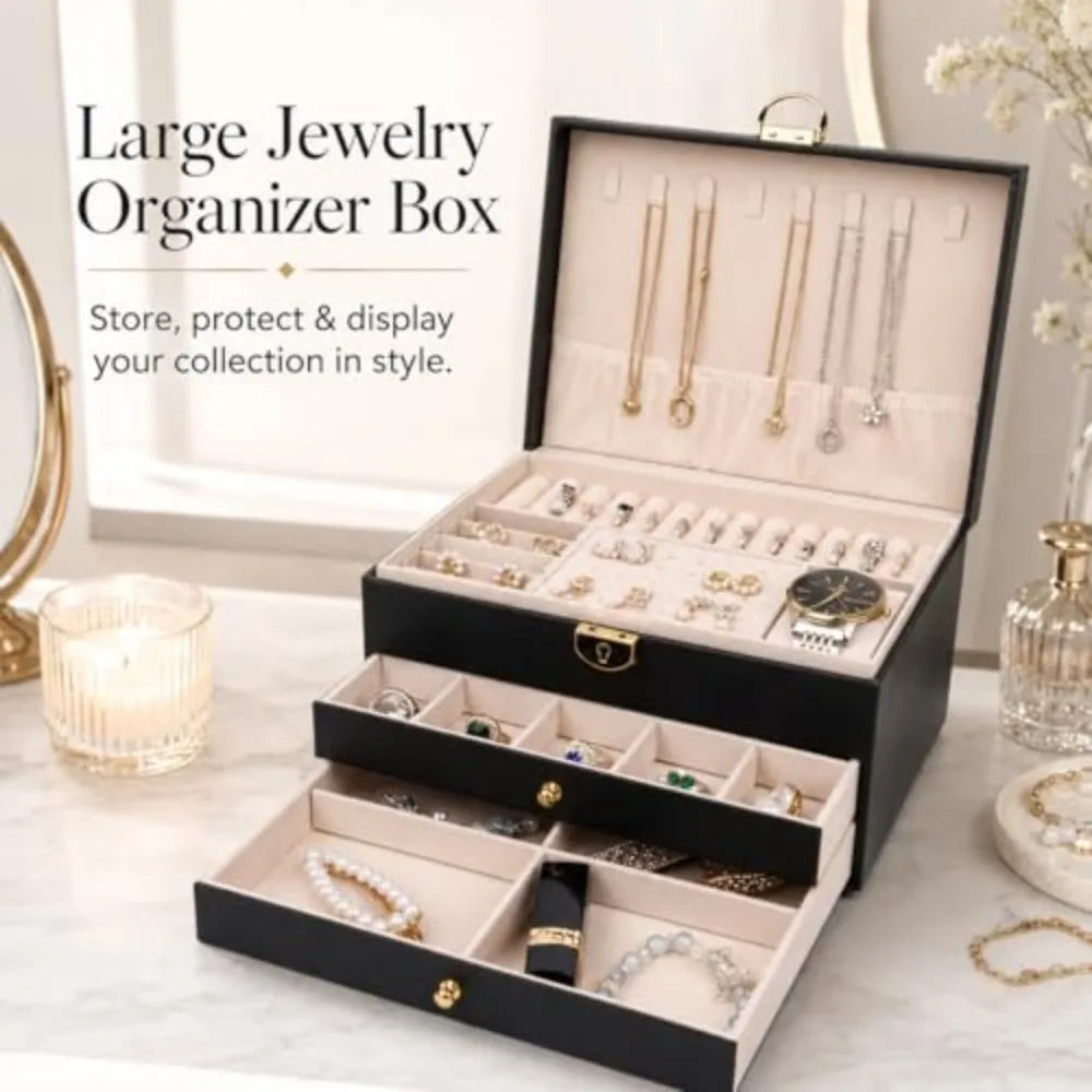 Large Lockable PU Leather Jewelry Box with Drawers, Multi Compartment Necklace Ring Watch Storage Organizer Gift Case for Women