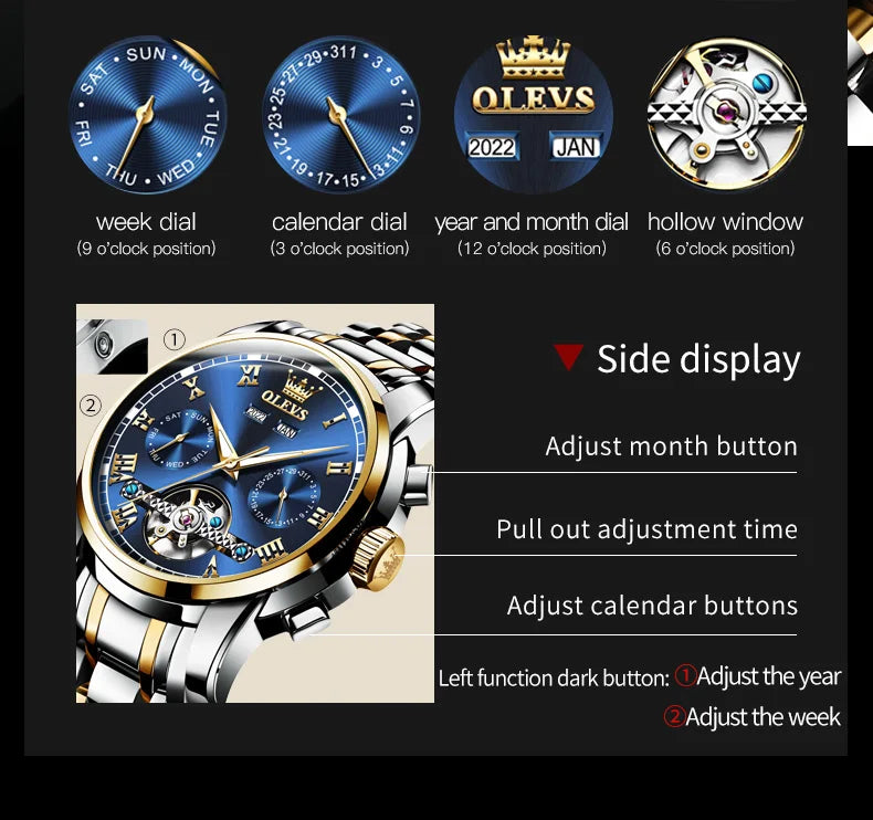 OLEVS 6607+6602 Original Men Women Watch Luxury Brand Tourbillon Mechanical Watch High end Romantic Lover Date Gift Couple Watch
