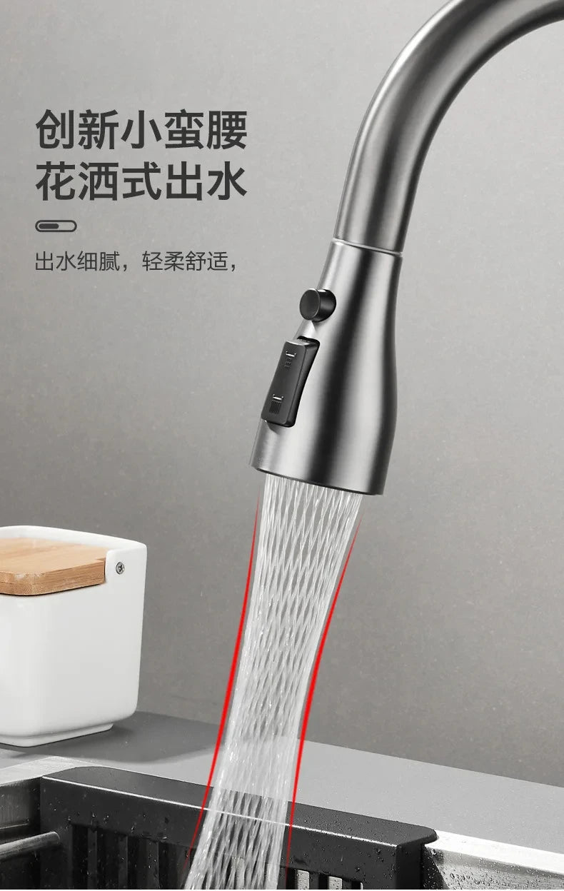 Kitchen Faucet Pull-Out Spray Head 360 Degree Rotation Hot and Cold Water Pull-Out Black and Silver Single Hole Kitchen Faucet