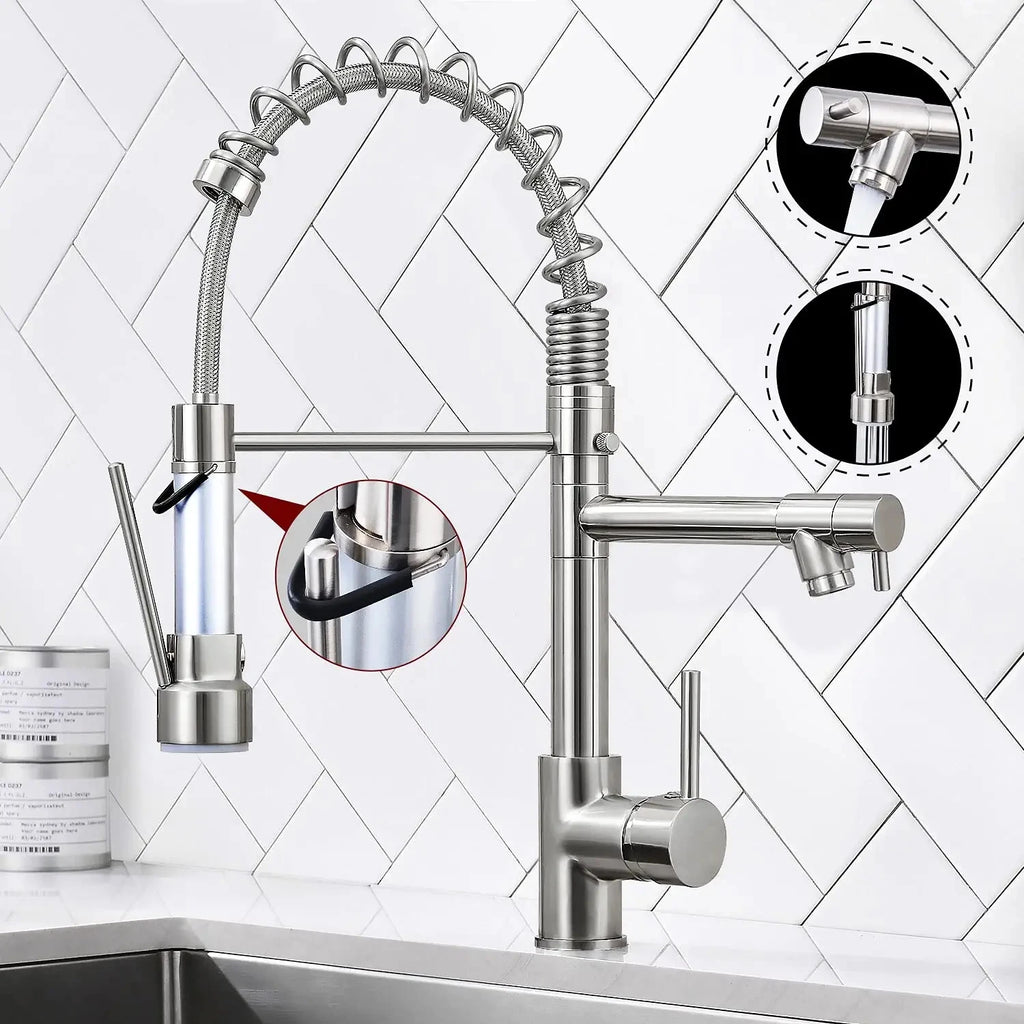 Modern Spring Pull Down Kitchen Faucet, Hot Cold Water Stainless Steel Kitchen Sink Mixer Tap, Single Handle Kitchen Sink Faucet