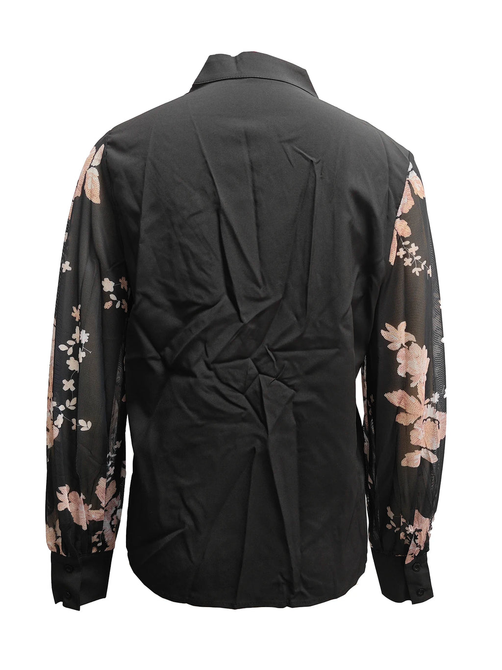 Women's V Neck Blouse with Sheer Floral Lace Long Sleeves and Solid Body for Elegant Office or Evening Wear