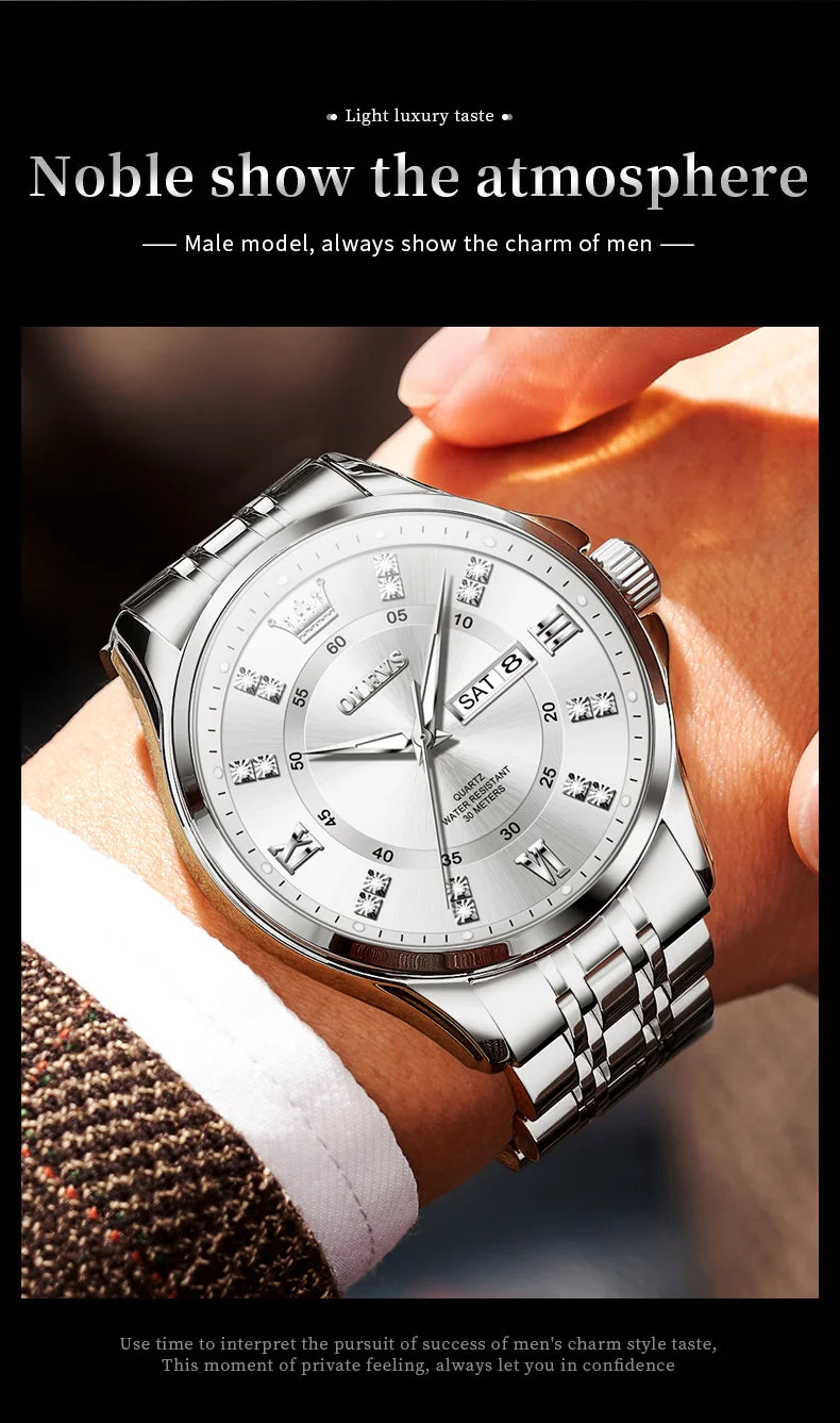 OLEVS Brand Watch Steel Band Stereo Dial Double Calendar Quartz Watch Waterproof Men's Watch 3620