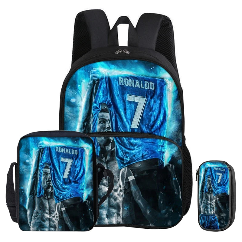 Football Sport with Front Pocket Backpack Ronaldo 3Pcs Set School Bags Rucksack Student Shoulder Bag CR Football Star Pencil Bag
