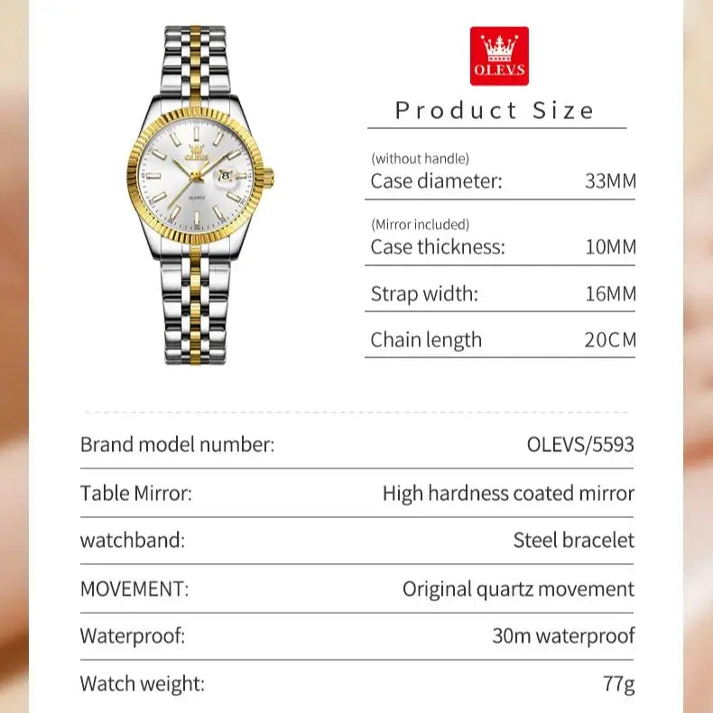 OLEVS 5593 Women's Watch Luxury Brand Women's Quartz Watch Stainless Steel Waterproof Night Light Elegant Business Women Watch