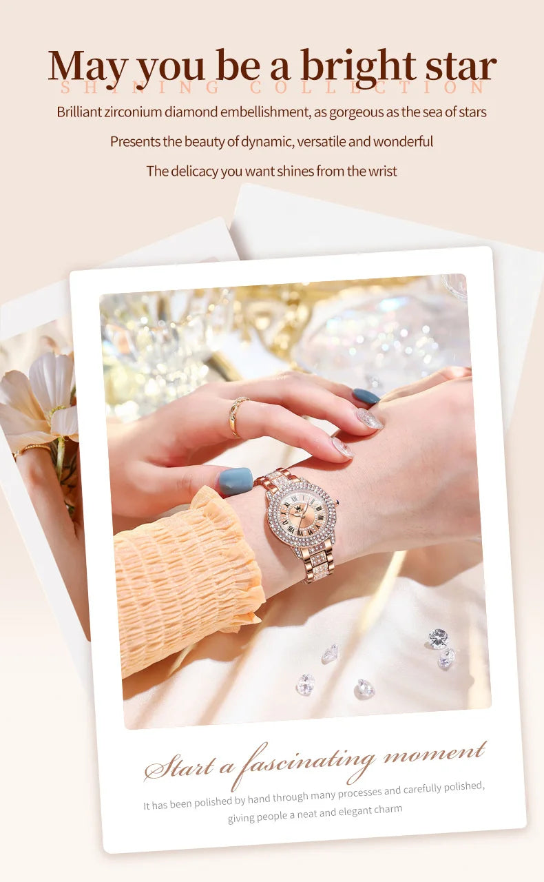 OLEVS 9943 Fashion Ladies Watch Full Diamond Roman Dial Waterproof Elegant Original Quartz Wristwatch For Women