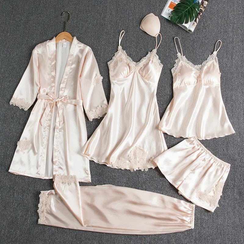 New Style Nightgown Women's Sleepwear Sexy Home Wear Bridesmaid Dress Long Sleeved Plus Size Five Piece Set Hot Selling Bathrobe