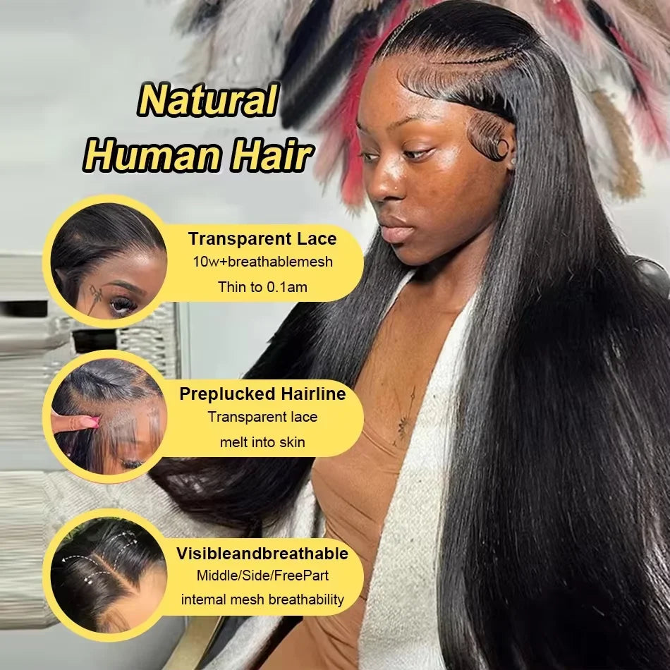 Straight Human Hair 13x6 13X4 Transparent HD Lace Front Wig 7x6 HD Lace Pre Plucked Wig 200 Density 40 42 Inches Natural Color Brazilian Hair Wig For Women Beginner Friendly