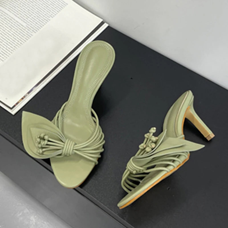 Liyke Designer Women Green Leaf Narrow Band Summer Slipper Sandal Street Fashion Open Toe Mules Thin Low Heels Party Dress Shoes