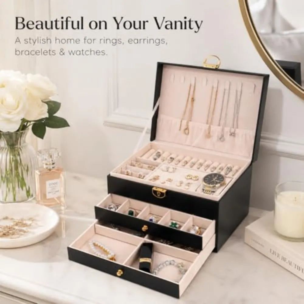 Large Lockable PU Leather Jewelry Box with Drawers, Multi Compartment Necklace Ring Watch Storage Organizer Gift Case for Women