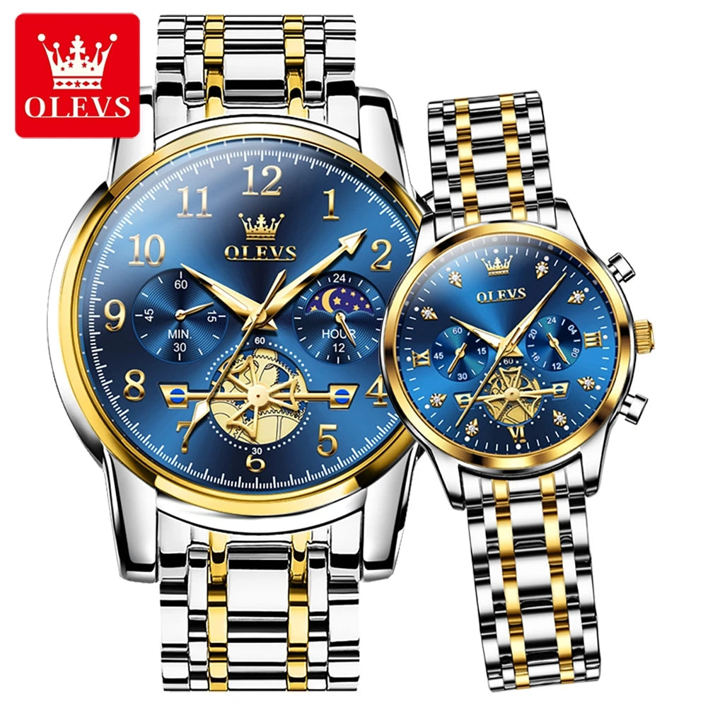 OLEVS Brand 2025 New Luxury Tourbillon Couple Quartz Watch Stainless Steel Waterproof Luminous Fashion Moon Phase Watches Lovers