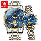OLEVS Brand 2025 New Luxury Tourbillon Couple Quartz Watch Stainless Steel Waterproof Luminous Fashion Moon Phase Watches Lovers