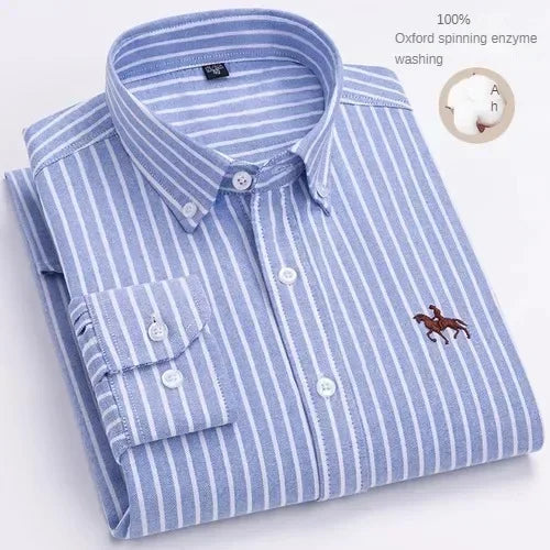 100% Pure Cotton Men's Long Sleeve Shirt Business Casual Solid Color Embroidered Oxford Spun Shirt