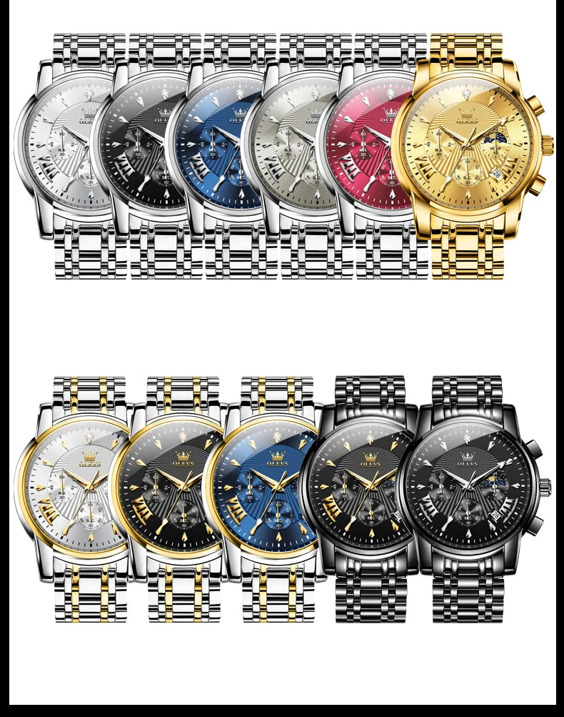OLEVS 2892 Men Watch Original Quartz Watch Luxury Waterproof Luminous Calendar Moon Phase Chronograph Business Sports Men Watch