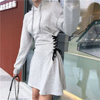 Streetwear Mini Dress Spring Autumn Korean High Waist Lace Up Slim Vestidos Women Harajuku Hooded Bandage A Line Dresses