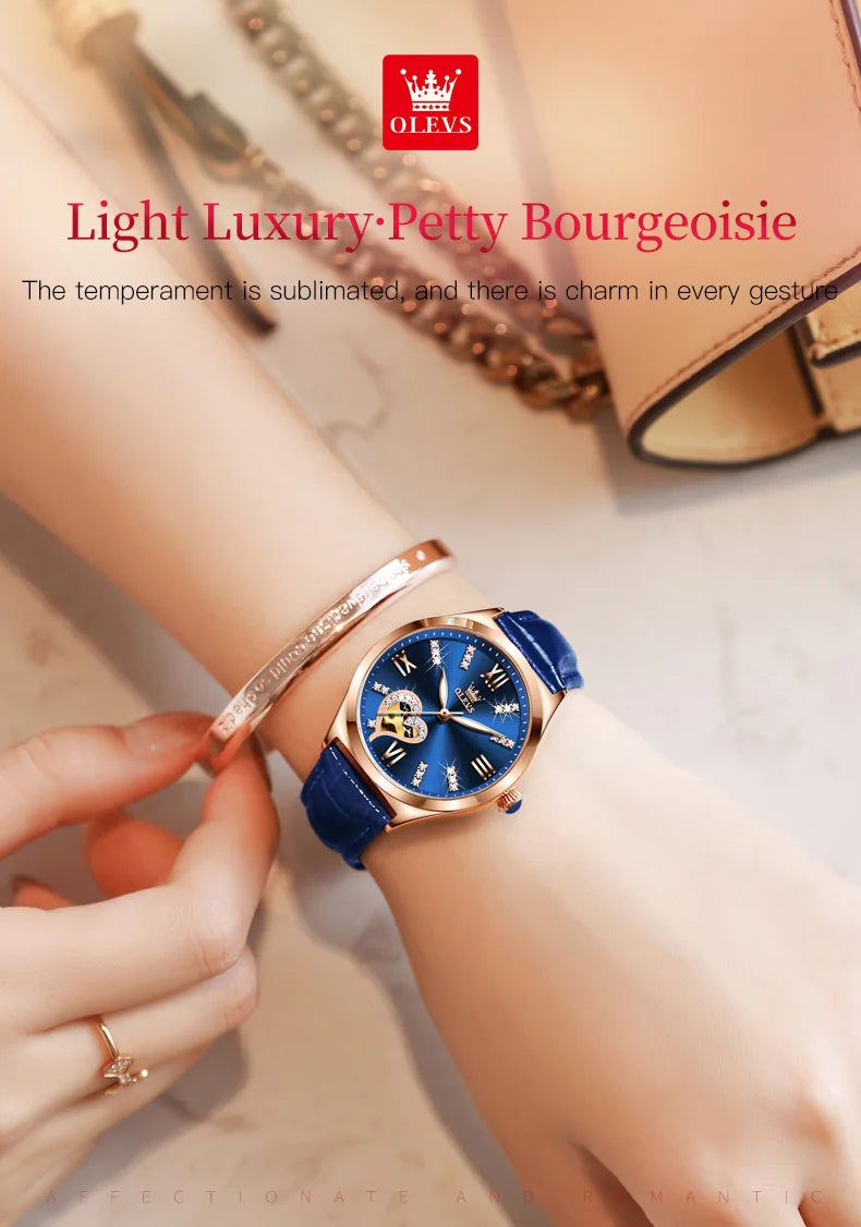 OLEVS 6636 Luxury Women Watch Fully Automatic Hollow Design Diamond Heart Shaped Watch Elegant Mechanical Women Bracelet Watch