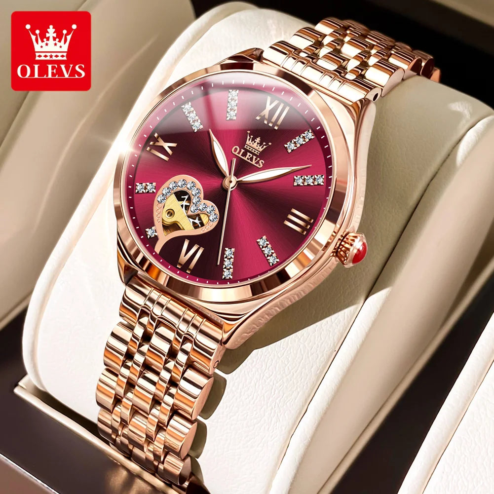 OLEVS Brand 2024 New Fashion Hollow Mechanical Watch for Women Luxury Stainless Steel Strap Waterproof Luminous Womens Watches