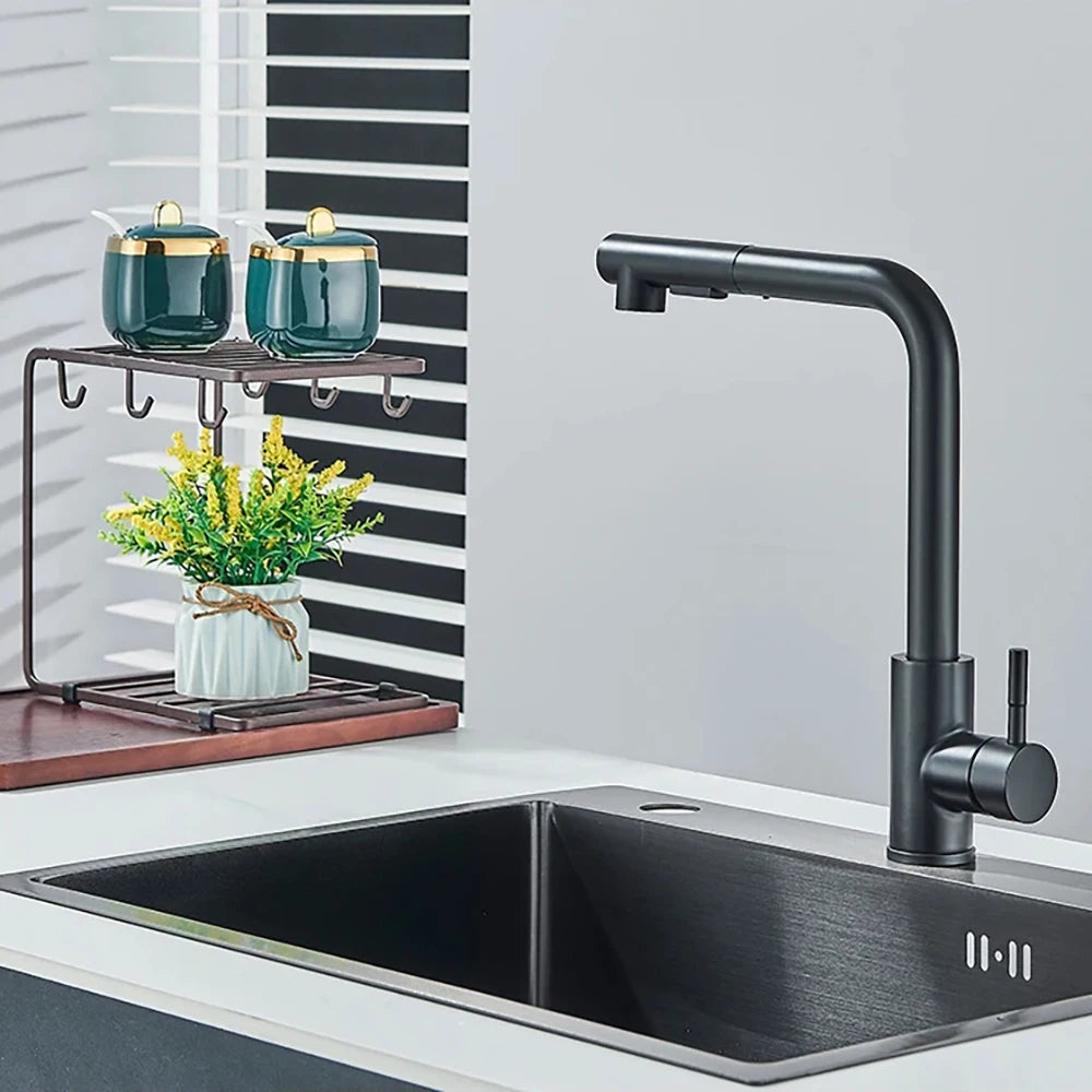 Kitchen pull-out faucet 304 stainless steel hot and cold faucet black sink faucet with two levels of water outlet