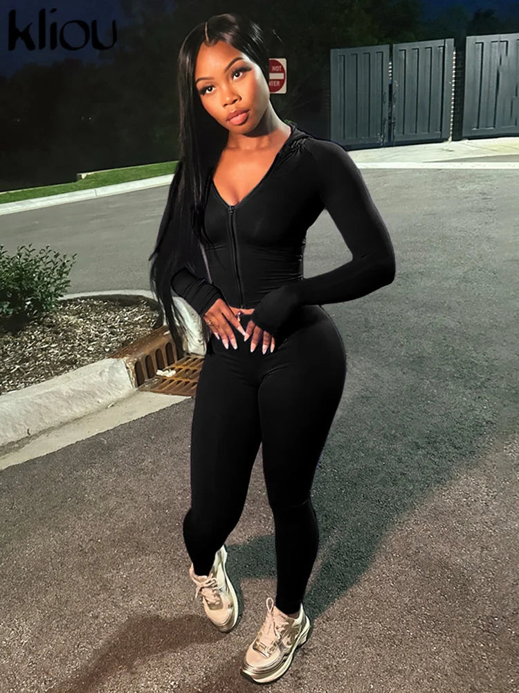 kliou Casual Women 2 Piece Set Classic Tracksuits Solid Long Sleeve Zip-up Hood Tops+Slim Elastic Pants Sporty Concise Outfits