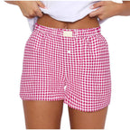Teen Girls Plaid Shorts Elastic Waistband Pull-On Casual Lounge Summer Outfit Red Blue Color Women's Fashion