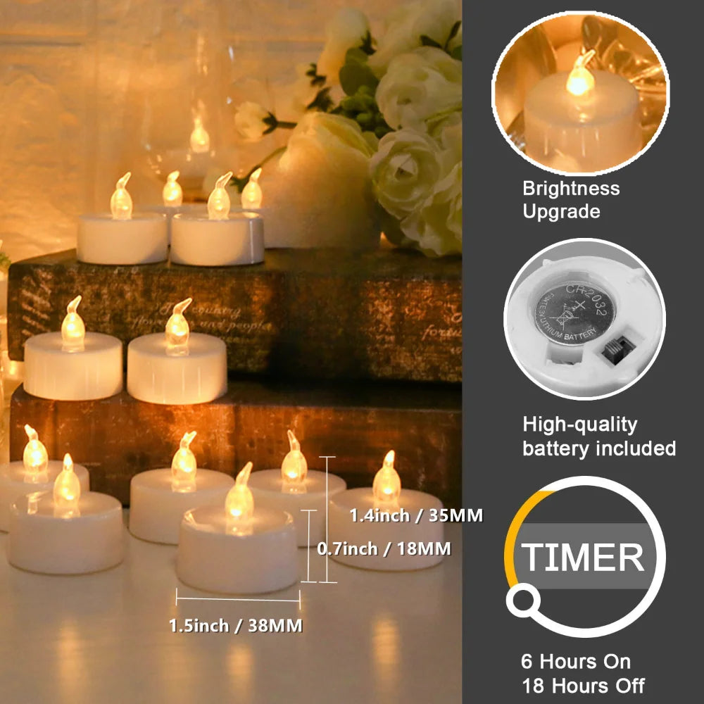 24/48pc Flameless Led Tea Lights with Timer 6 Hours On and 18 Hours Off in 24 Hours Cycle Automatically Flickering Candles Light