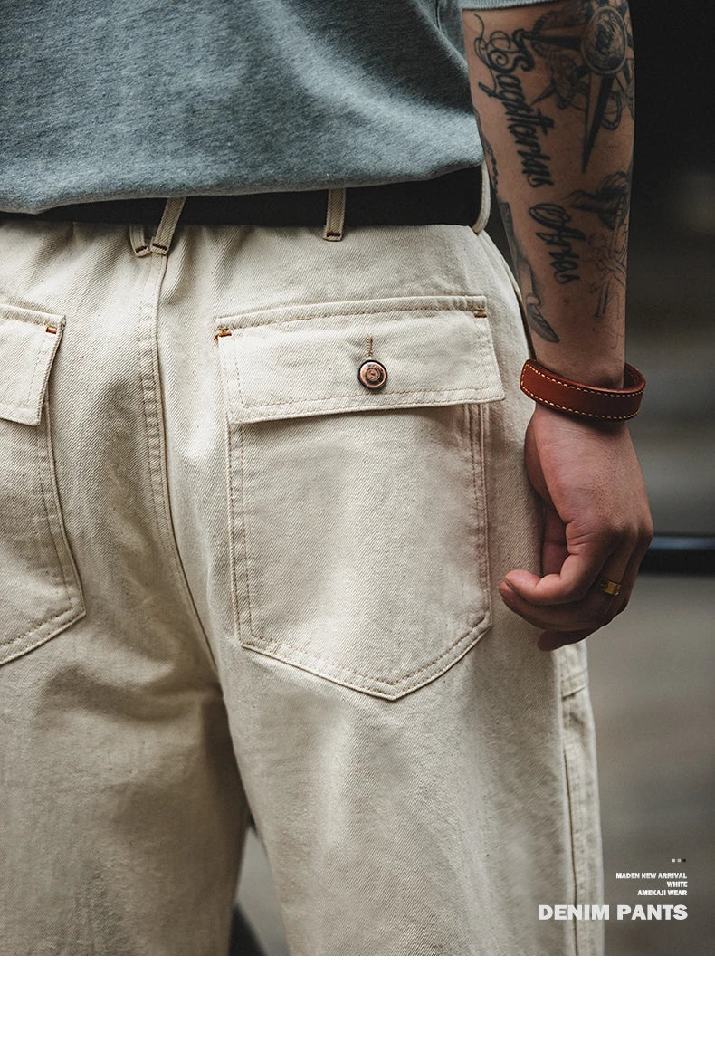 Maden Vintage 11.2oz White Cottonseed Hull Jeans Casual Loose Fit Straight Trousers for Men's Spring and Fall Chino Cargo Pants